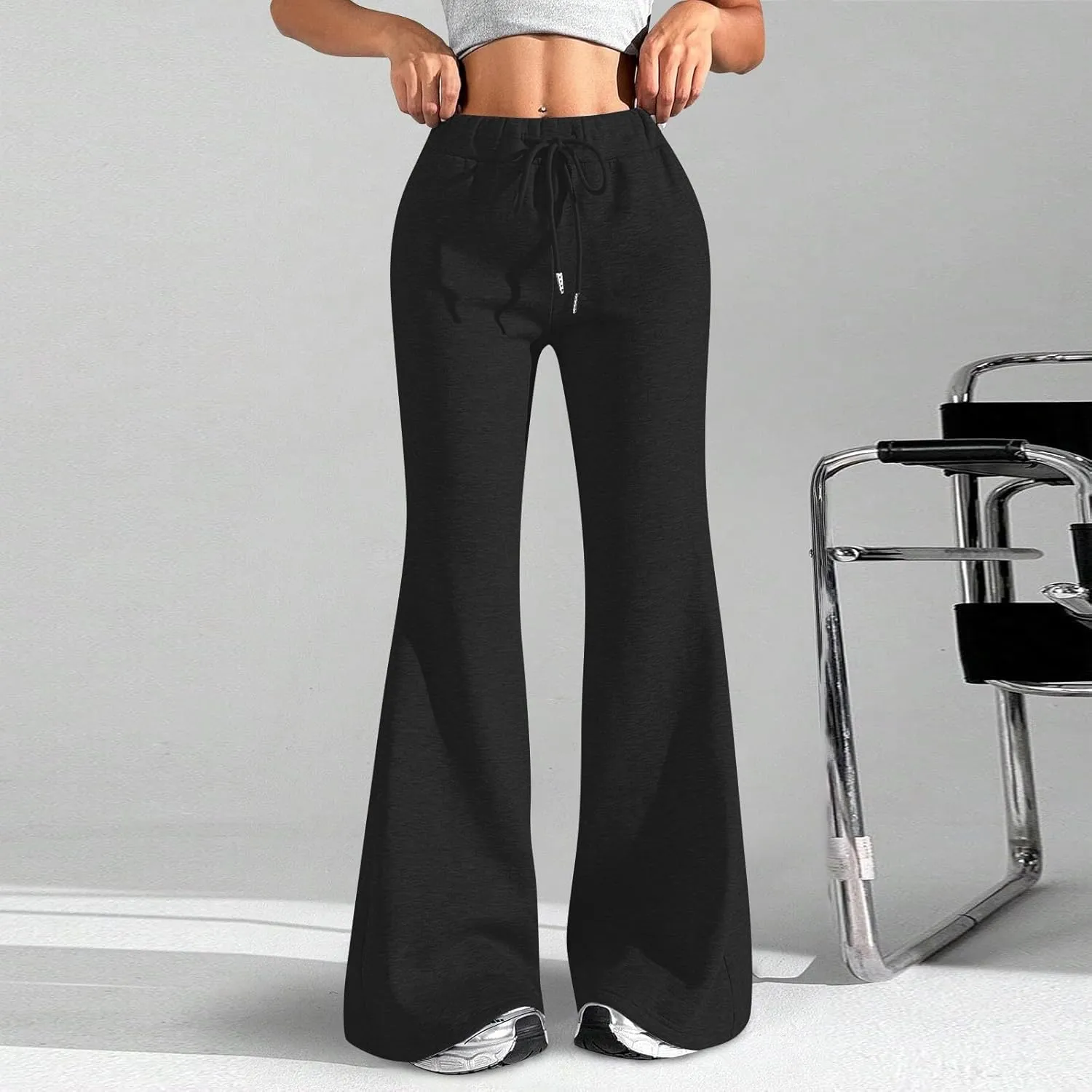 Flare Wide Leg Sweatpants Women Cute Elastic High Waisted Fleece Lined Sweat Pants with Pockets Comfy Lounge Pants