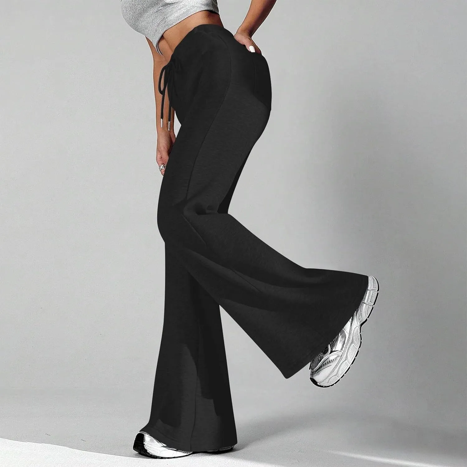 Flare Wide Leg Sweatpants Women Cute Elastic High Waisted Fleece Lined Sweat Pants with Pockets Comfy Lounge Pants