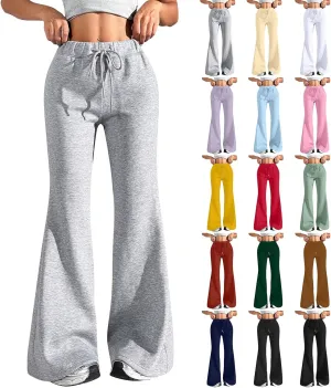 Flare Wide Leg Sweatpants Women Cute Elastic High Waisted Fleece Lined Sweat Pants with Pockets Comfy Lounge Pants
