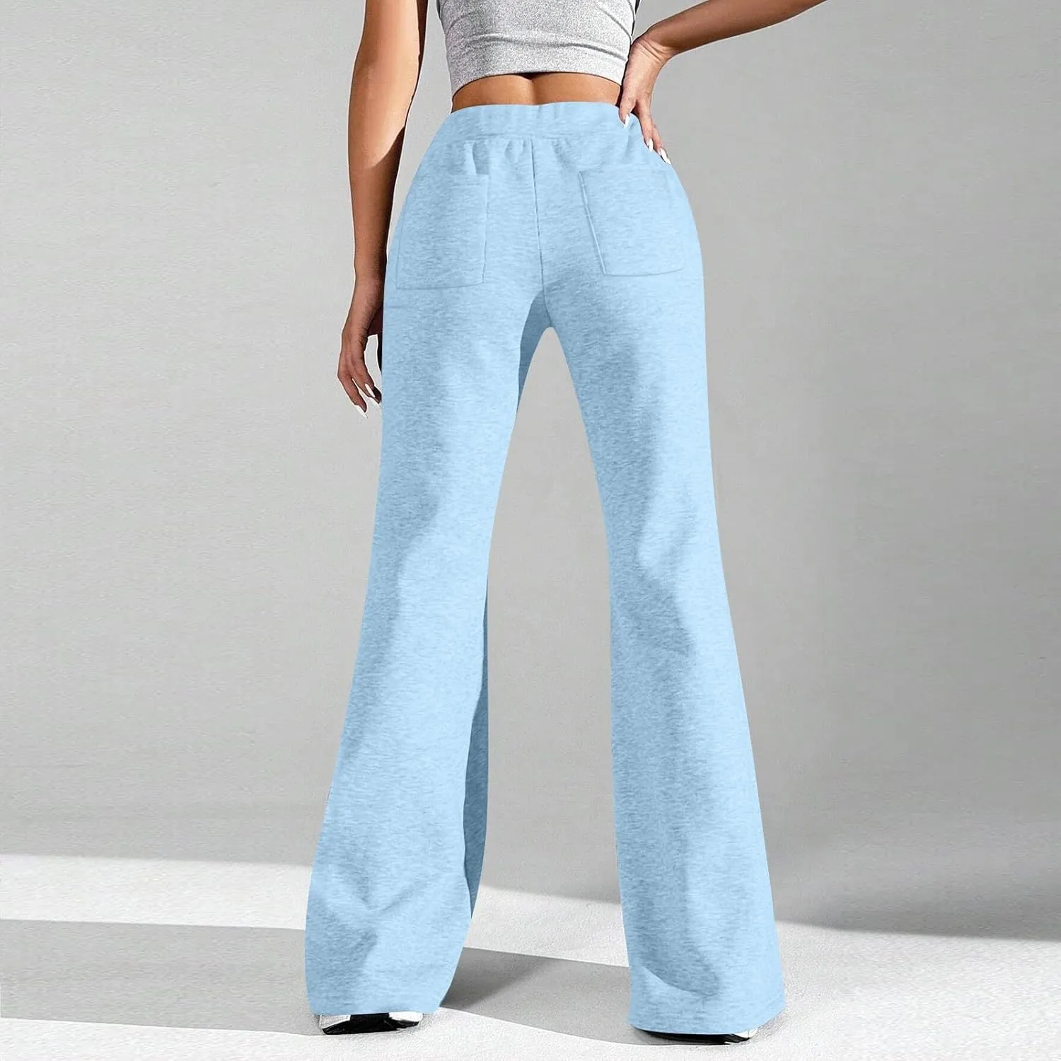 Flare Wide Leg Sweatpants Women Cute Y2k High Waisted Fleece Lined Sweat Pants with Pockets Comfy Lounge Pants