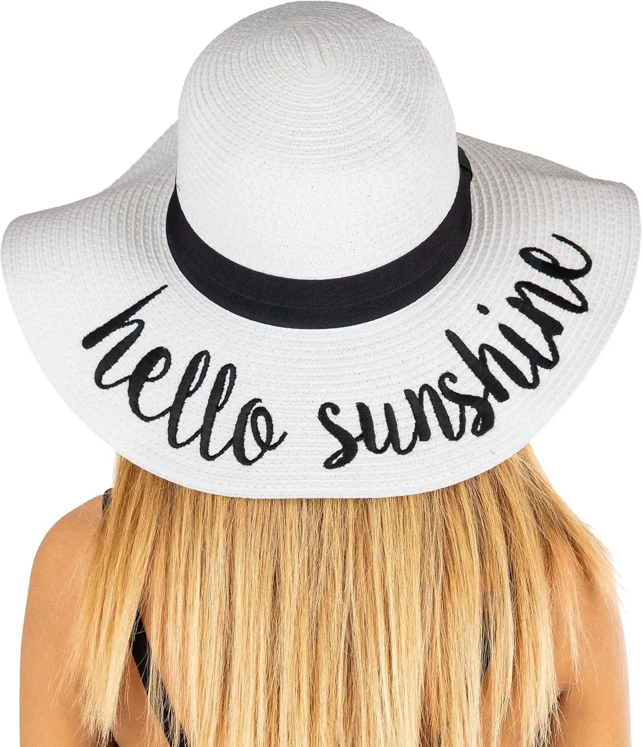 Funky Junque Women's Stylish Beach Sun Hat with Hello Sunshine Embroidery - UPF 50  Protection