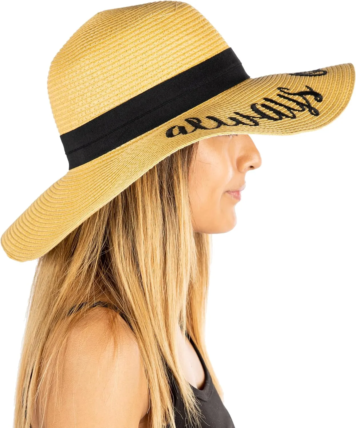 Funky Junque Women's Stylish Beach Sun Hat with Hello Sunshine Embroidery - UPF 50  Protection