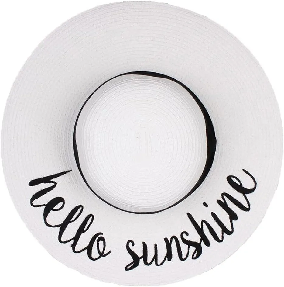 Funky Junque Women's Stylish Beach Sun Hat with Hello Sunshine Embroidery - UPF 50  Protection