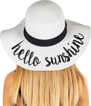 Funky Junque Women's Stylish Beach Sun Hat with Hello Sunshine Embroidery - UPF 50  Protection
