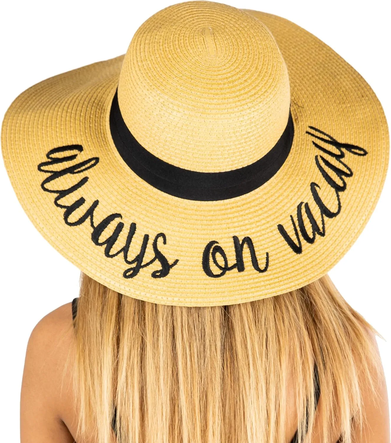 Funky Junque Women's Stylish Beach Sun Hat with Hello Sunshine Embroidery - UPF 50  Protection