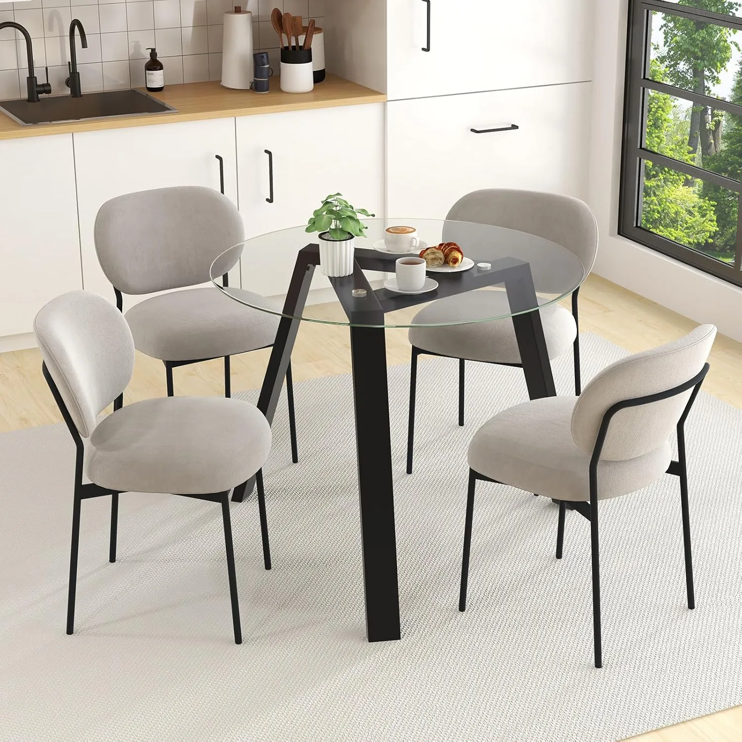 Giantex Round Glass Dining Table for 4 - Small Coffee Table with Rubber Wood Frame, Stable Triangular Structure, 36” Round Breakfast Table, Dinette Table for Living Room, Kitchen Table (Black)