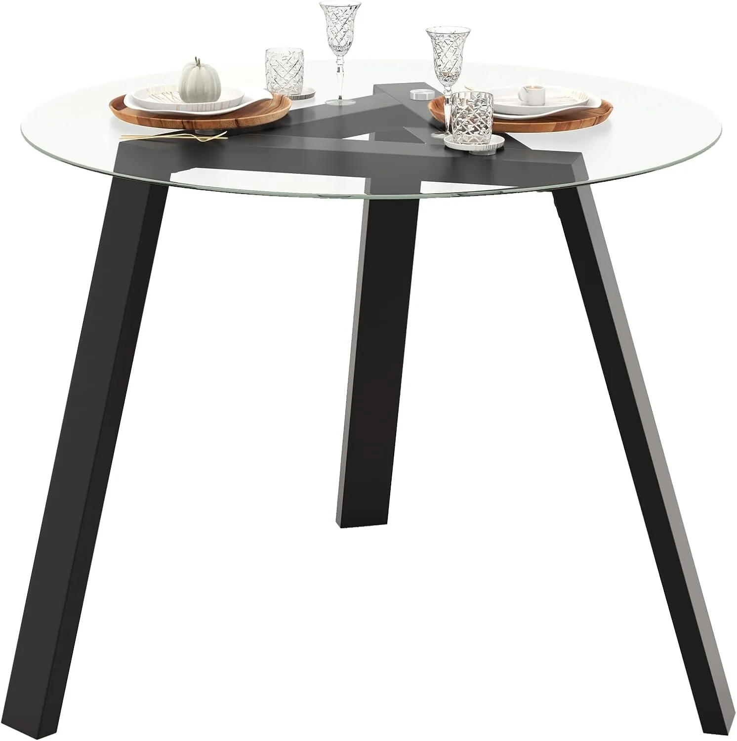 Giantex Round Glass Dining Table for 4 - Small Coffee Table with Rubber Wood Frame, Stable Triangular Structure, 36” Round Breakfast Table, Dinette Table for Living Room, Kitchen Table (Black)