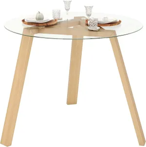Giantex Round Glass Dining Table for 4 - Small Coffee Table with Rubber Wood Frame, Stable Triangular Structure, 36” Round Breakfast Table, Dinette Table for Living Room, Kitchen Table (Wood Color)