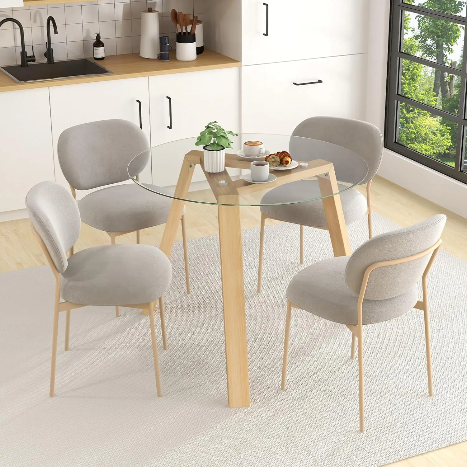 Giantex Round Glass Dining Table for 4 - Small Coffee Table with Rubber Wood Frame, Stable Triangular Structure, 36” Round Breakfast Table, Dinette Table for Living Room, Kitchen Table (Wood Color)