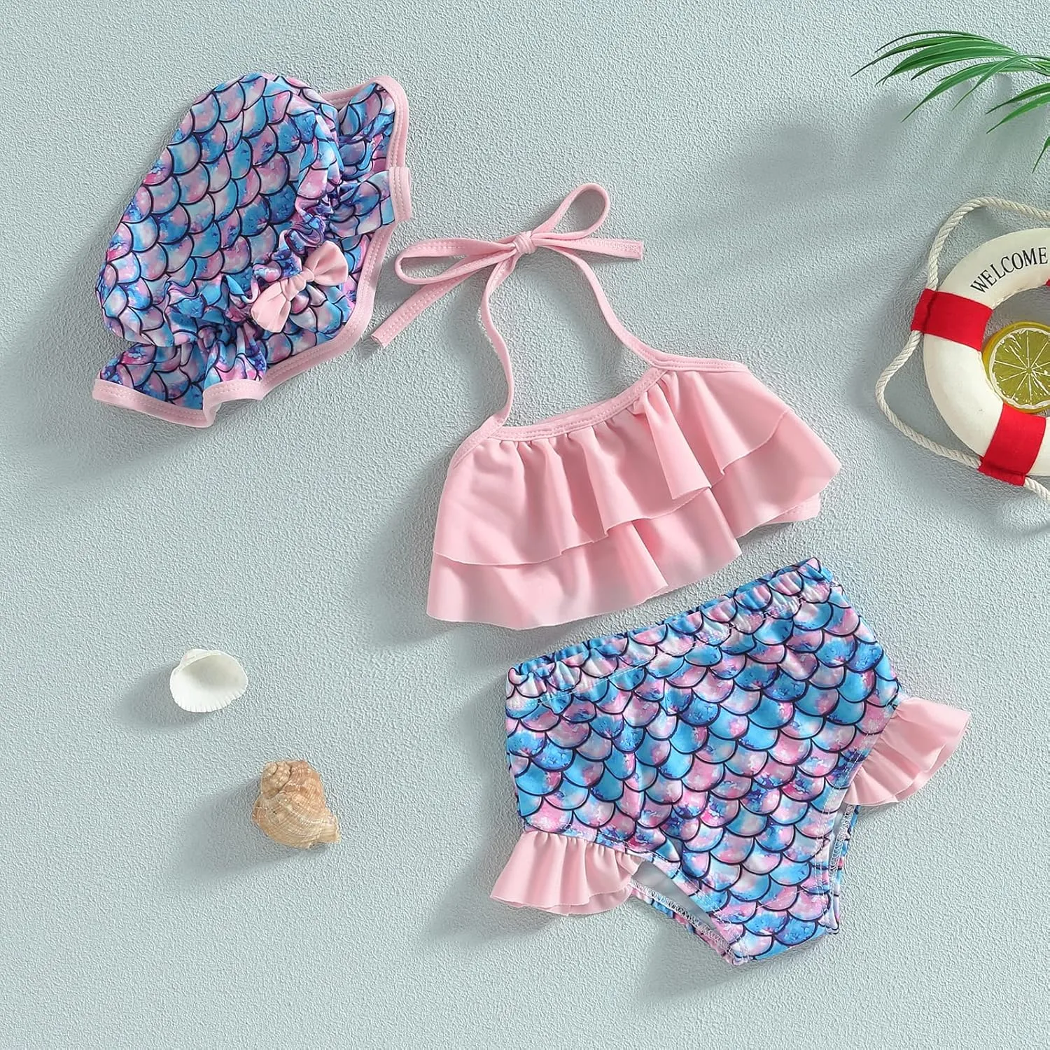 Girls Swimsuit 2 Piece Bathing Suit Quick Dry Print Vest Ruffle Shorts Tankini Set Cover Up Beach Bikini Swimwear