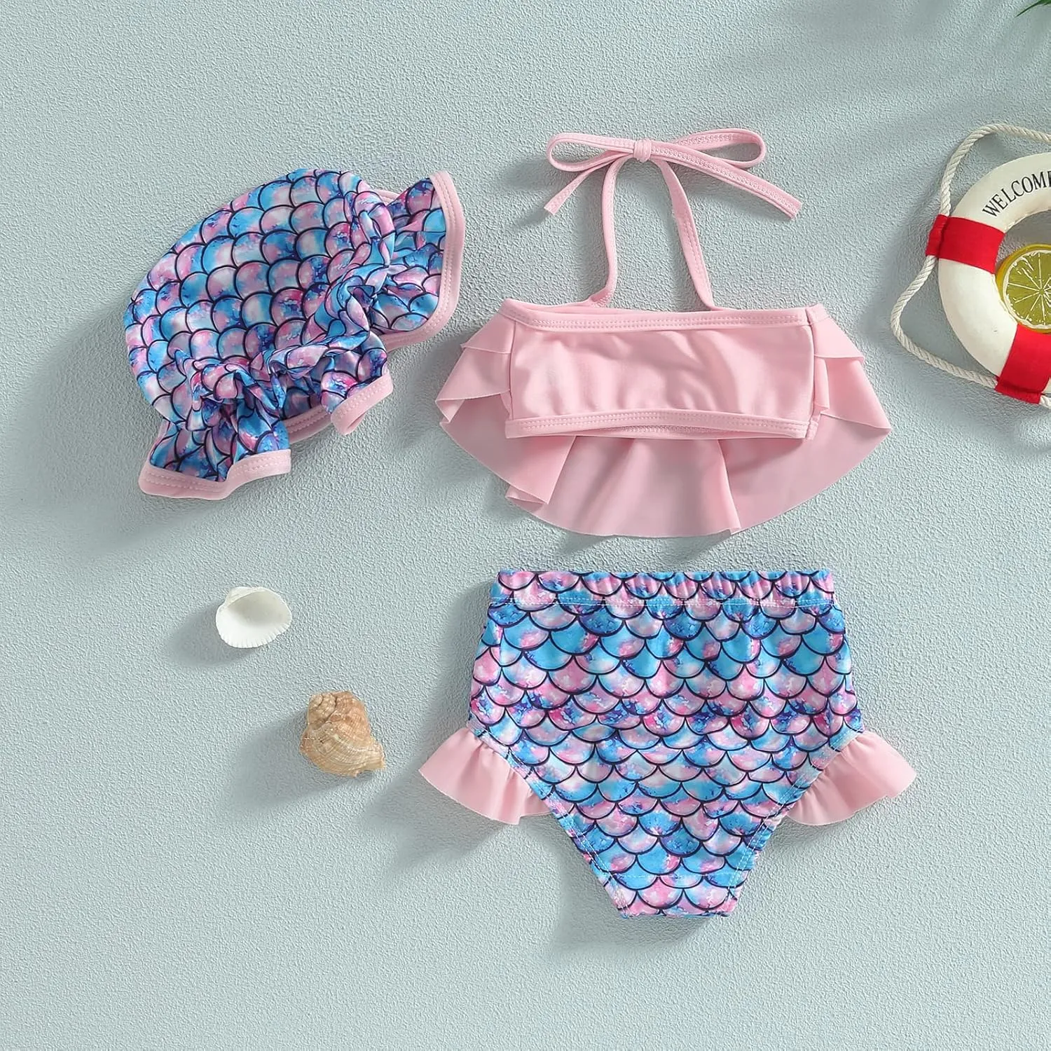 Girls Swimsuit 2 Piece Bathing Suit Quick Dry Print Vest Ruffle Shorts Tankini Set Cover Up Beach Bikini Swimwear