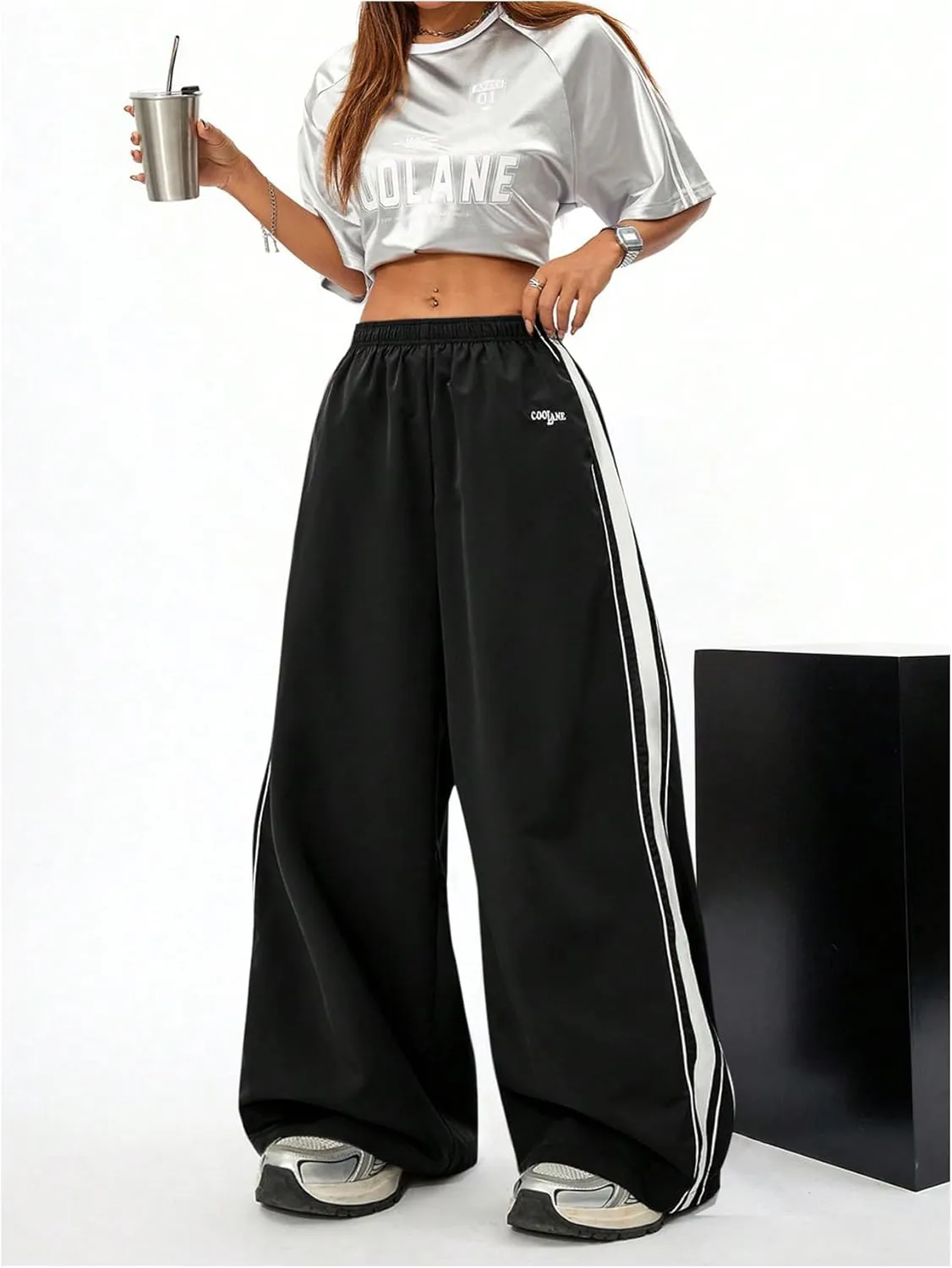 GORGLITTER Women's Color Block Sweatpants Baggy Y2k Elastic Waist Wide Leg Loose Track Pants Joggers Rave Bottoms
