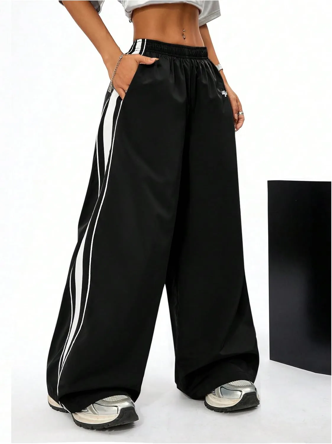 GORGLITTER Women's Color Block Sweatpants Baggy Y2k Elastic Waist Wide Leg Loose Track Pants Joggers Rave Bottoms