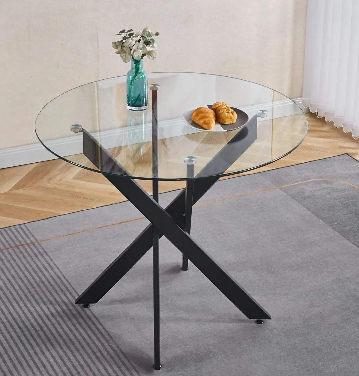 Goujxcy Round Glass Dining Table,Glass Dining Room Table with Tempered Glass Tabletop and Metal Legs, Modern Style Glass Kitchen Table for Home, Kitchen, Dining Room