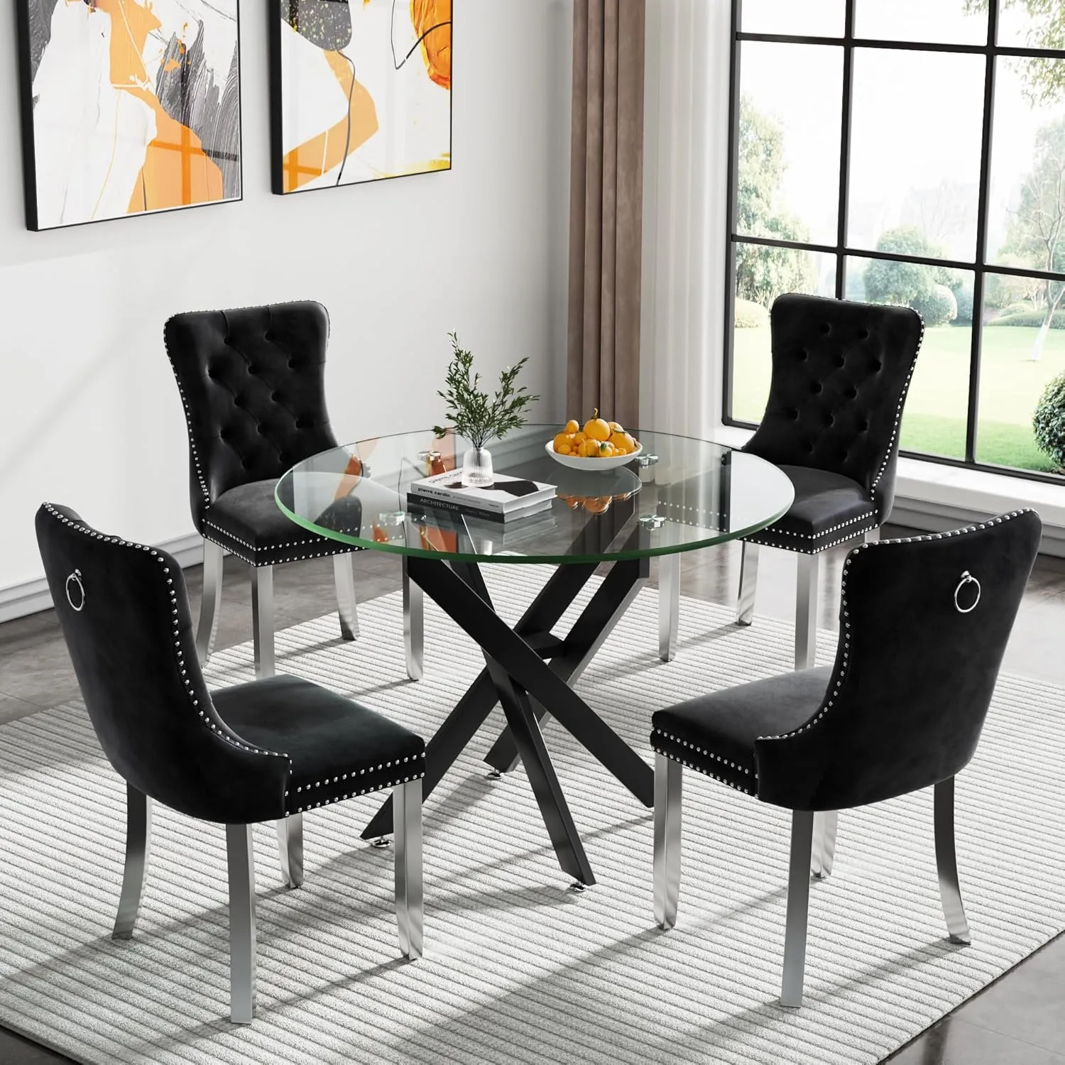 Goujxcy Round Glass Dining Table,Glass Dining Room Table with Tempered Glass Tabletop and Metal Legs, Modern Style Glass Kitchen Table for Home, Kitchen, Dining Room