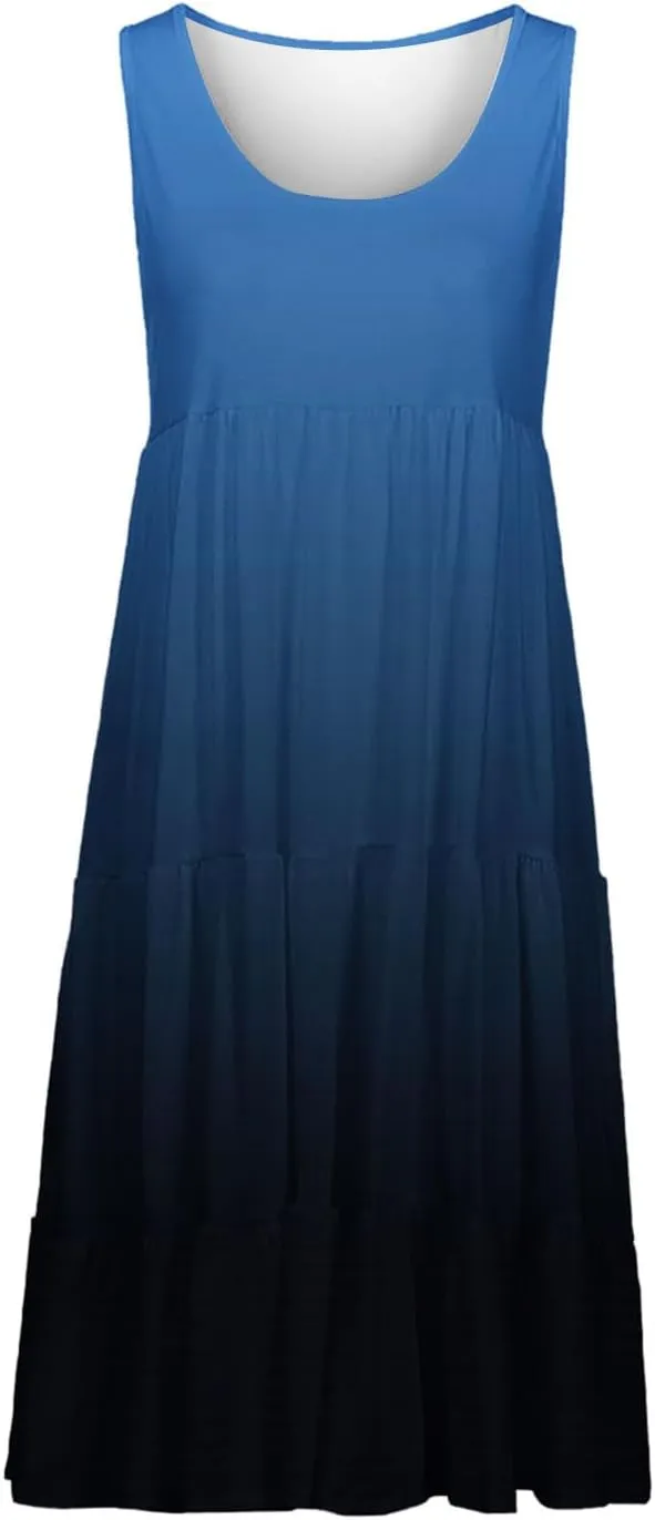 HGps8w Plus Size Gradient Tank Dress for Women Summer Loose Crew Neck Casual Sleeveless A-Line Swing Tiered Vacation Dresses
