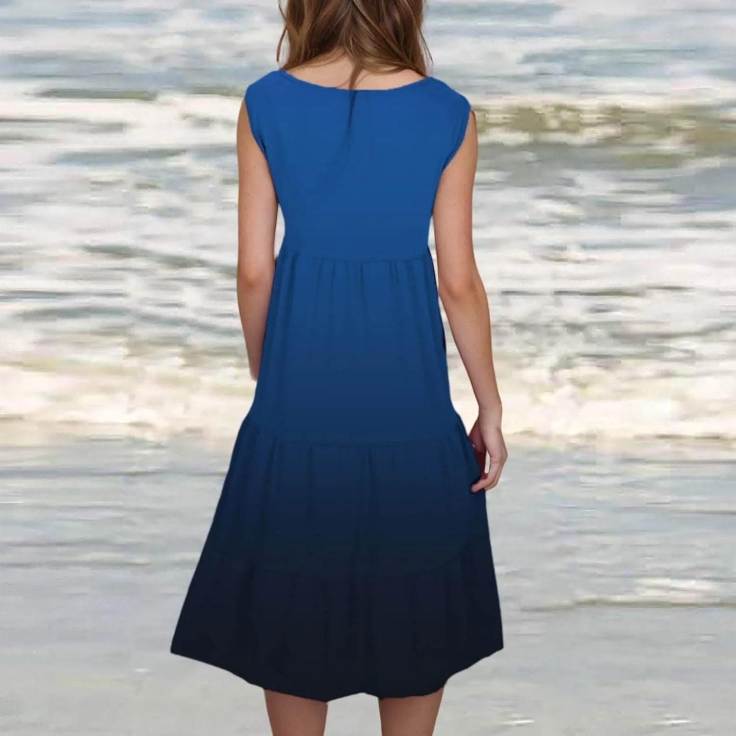 HGps8w Plus Size Gradient Tank Dress for Women Summer Loose Crew Neck Casual Sleeveless A-Line Swing Tiered Vacation Dresses