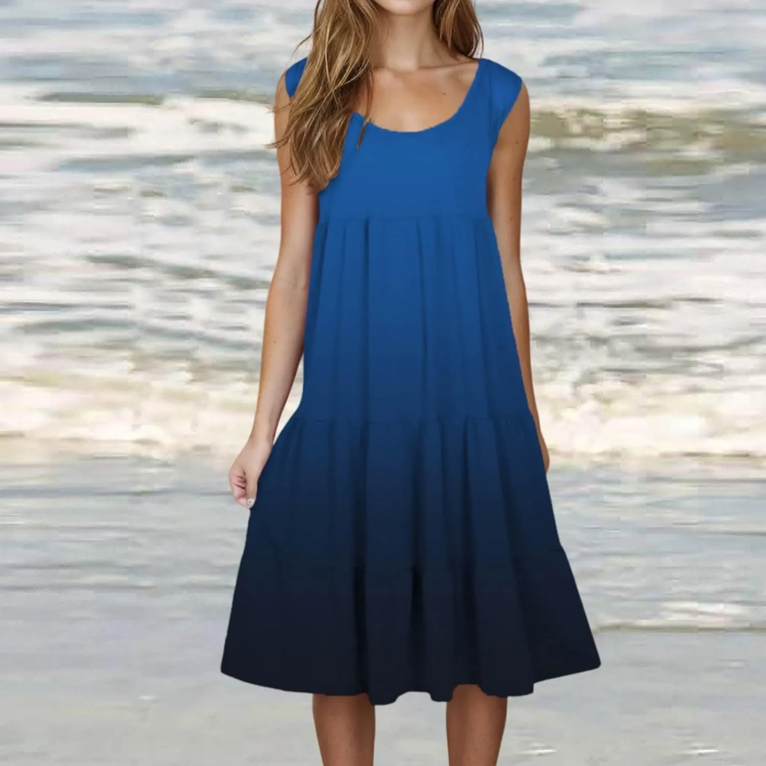 HGps8w Plus Size Gradient Tank Dress for Women Summer Loose Crew Neck Casual Sleeveless A-Line Swing Tiered Vacation Dresses