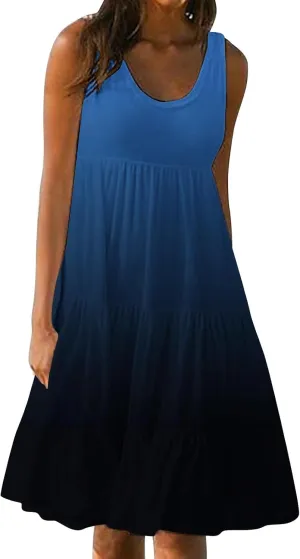 HGps8w Plus Size Gradient Tank Dress for Women Summer Loose Crew Neck Casual Sleeveless A-Line Swing Tiered Vacation Dresses