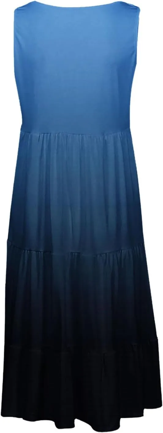 HGps8w Plus Size Gradient Tank Dress for Women Summer Loose Crew Neck Casual Sleeveless A-Line Swing Tiered Vacation Dresses