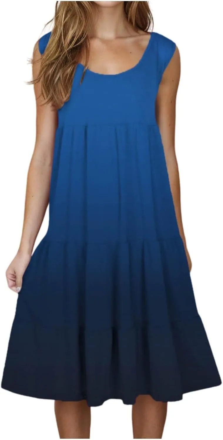 HGps8w Plus Size Gradient Tank Dress for Women Summer Loose Crew Neck Casual Sleeveless A-Line Swing Tiered Vacation Dresses