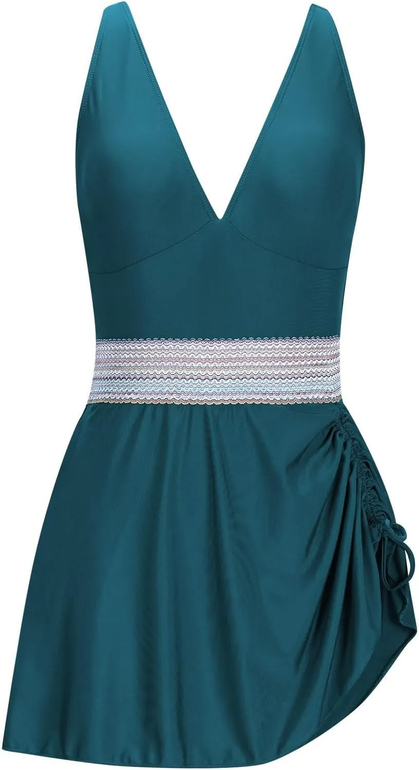hlysgo Sexy One Piece Swimsuit for Women Tummy Control Backless Monokini Adjustable Straps Swim Dress Side Shirred Swimwear