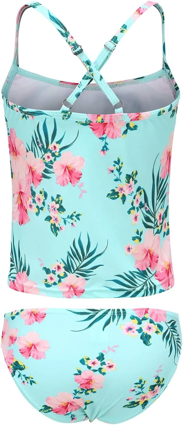 HowJoJo Girls Two Piece Tankini Swimsuit Green Floral Bathing Suit Swimwear
