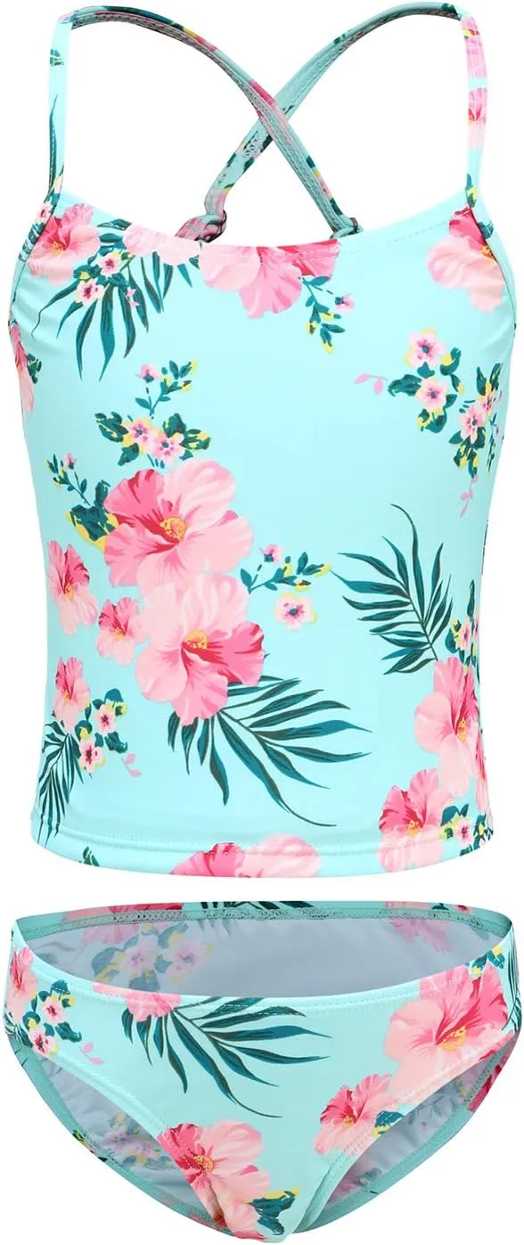 HowJoJo Girls Two Piece Tankini Swimsuit Green Floral Bathing Suit Swimwear