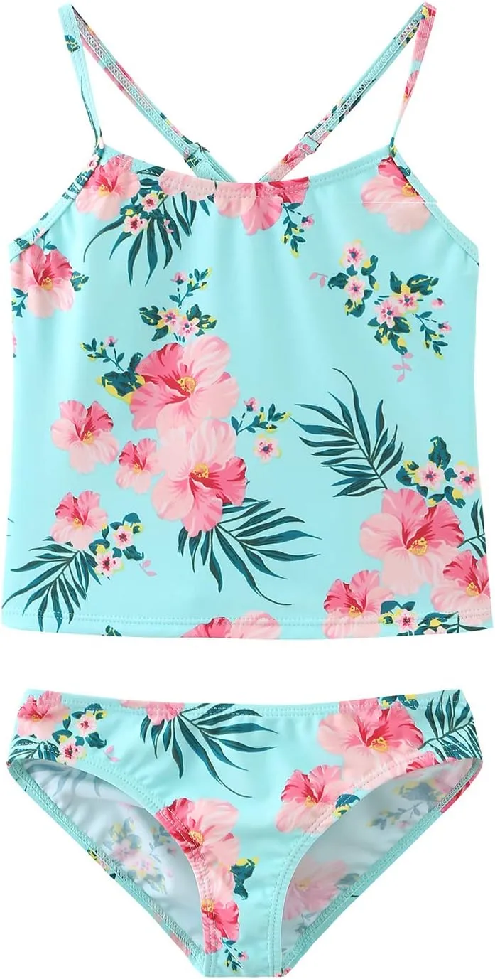 HowJoJo Girls Two Piece Tankini Swimsuit Green Floral Bathing Suit Swimwear