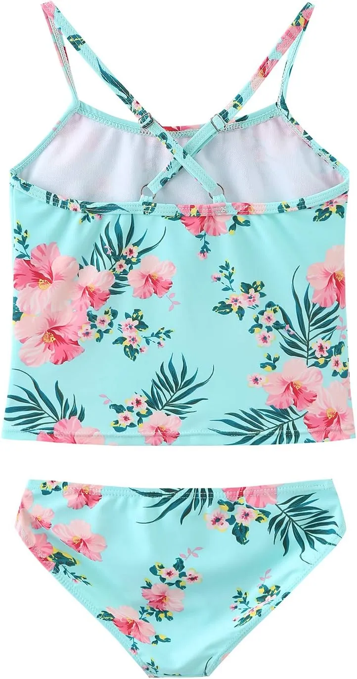 HowJoJo Girls Two Piece Tankini Swimsuit Green Floral Bathing Suit Swimwear
