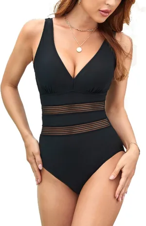 Husmeu Women's Tummy Control One Piece Swimsuits V Neck Mesh Monokini Swimwear Slimming Bathing Suit Plus Size