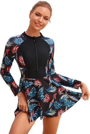 IDOPIP Women's Floral Print One Piece Swimsuit Swim Dress with Shorts Long Sleeve Surfing Rash Guard Two Piece Bathing Suits