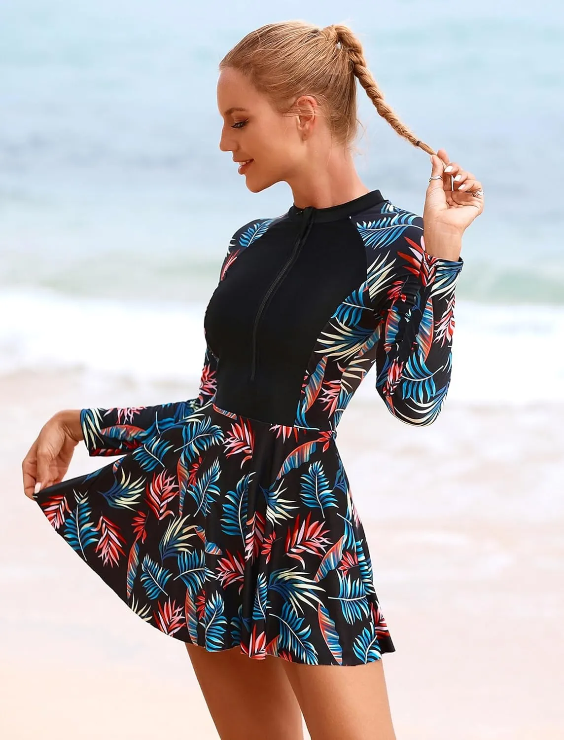 IDOPIP Women's Floral Print One Piece Swimsuit Swim Dress with Shorts Long Sleeve Surfing Rash Guard Two Piece Bathing Suits
