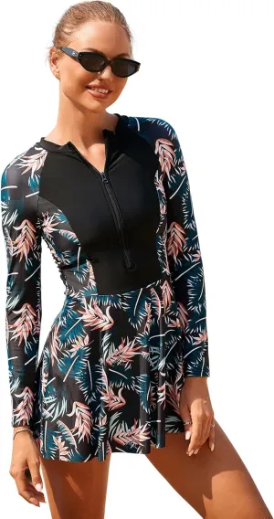 IDOPIP Women's Floral Print One Piece Swimsuit Swim Dress with Shorts Long Sleeve Surfing Rash Guard Two Piece Bathing Suits
