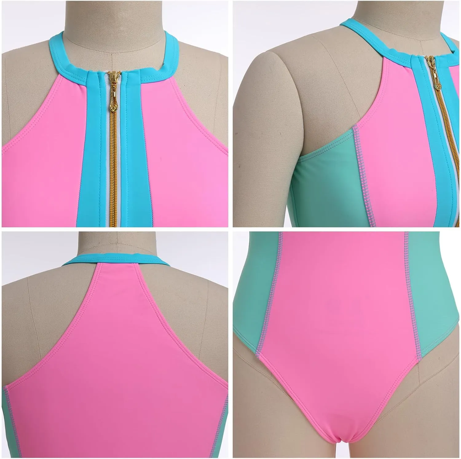 IDOPIP Womens One Piece Swimsuit Bathing Suit Tummy Control Color Block Swimwear Halter Front Zipper Monokini Beachwear Suits