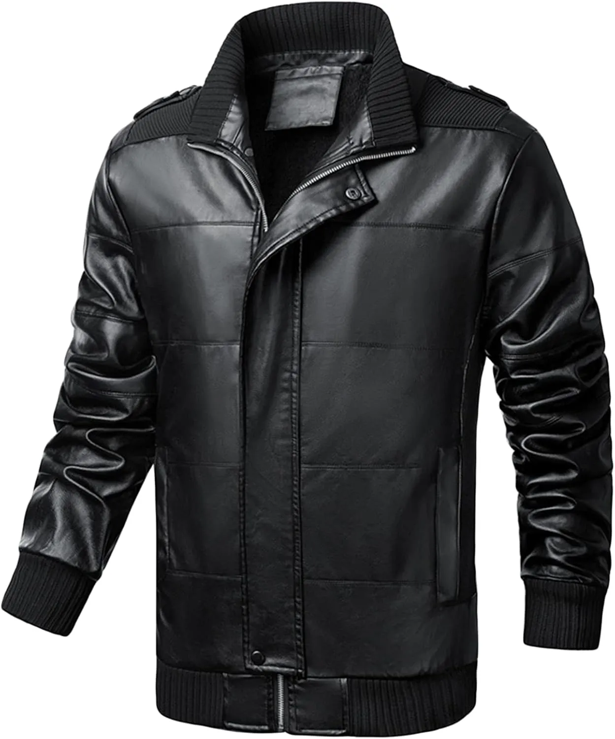 JEsilunmaMY Mens Winter Motorcycle Jacket Long Sleeve Fleece Lined Pu Leather Coat Warm Thicken Moto Biker Bomber Outwear