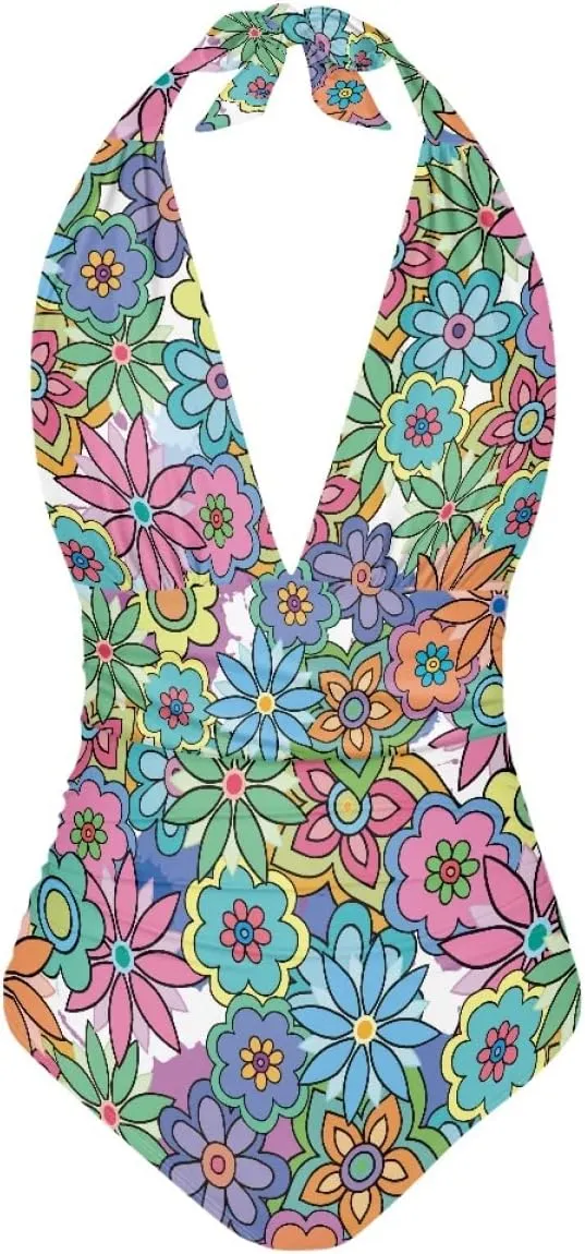 JooMeryer Womens Sexy V Neck 3D Printed One Piece Swimsuit Halter Backless Ruched Tummy Control Bathing Suit