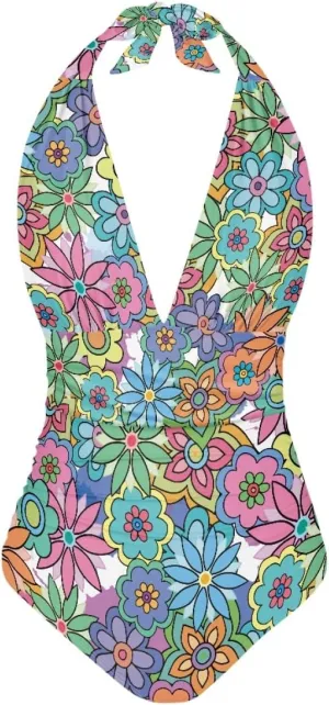 JooMeryer Womens Sexy V Neck 3D Printed One Piece Swimsuit Halter Backless Ruched Tummy Control Bathing Suit