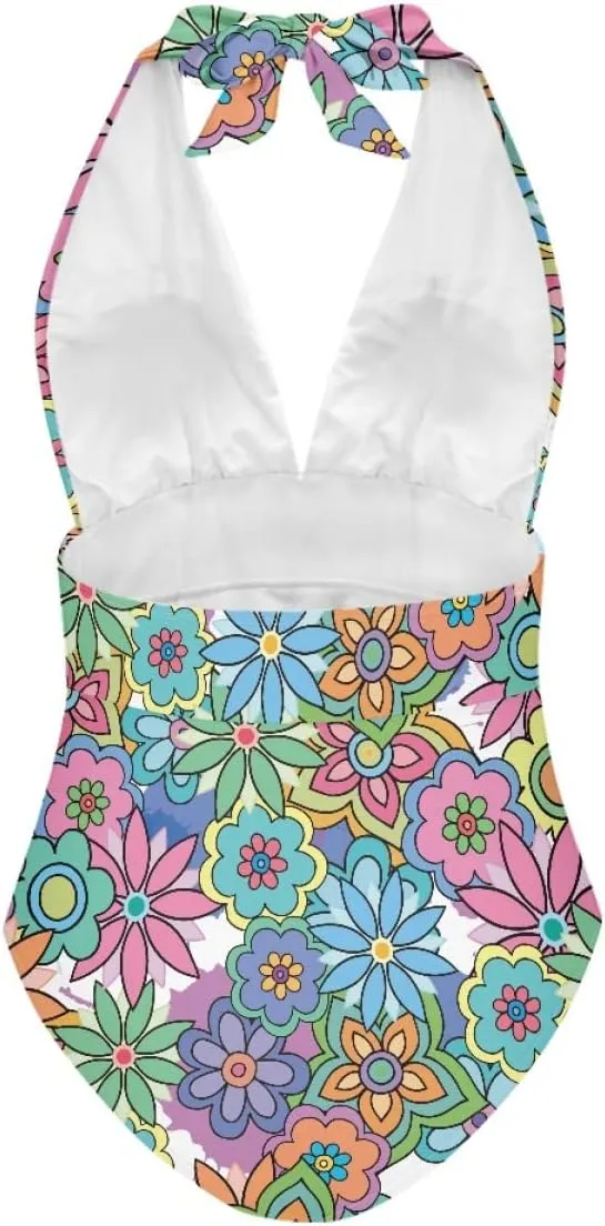 JooMeryer Womens Sexy V Neck 3D Printed One Piece Swimsuit Halter Backless Ruched Tummy Control Bathing Suit