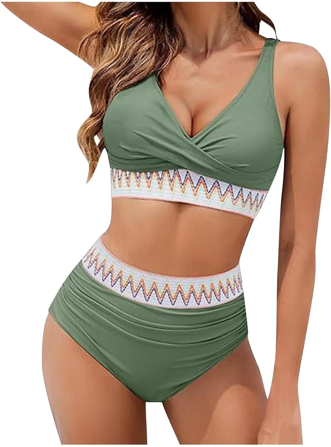 jsaierl Women Bikini Sets Front Twist Push Up Two Piece Swimsuits Color Block High Waisted Tummy Control Ruched Bathing Suits