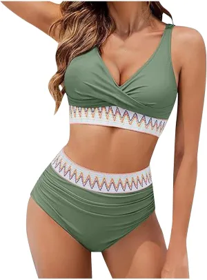 jsaierl Women Bikini Sets Front Twist Push Up Two Piece Swimsuits Color Block High Waisted Tummy Control Ruched Bathing Suits