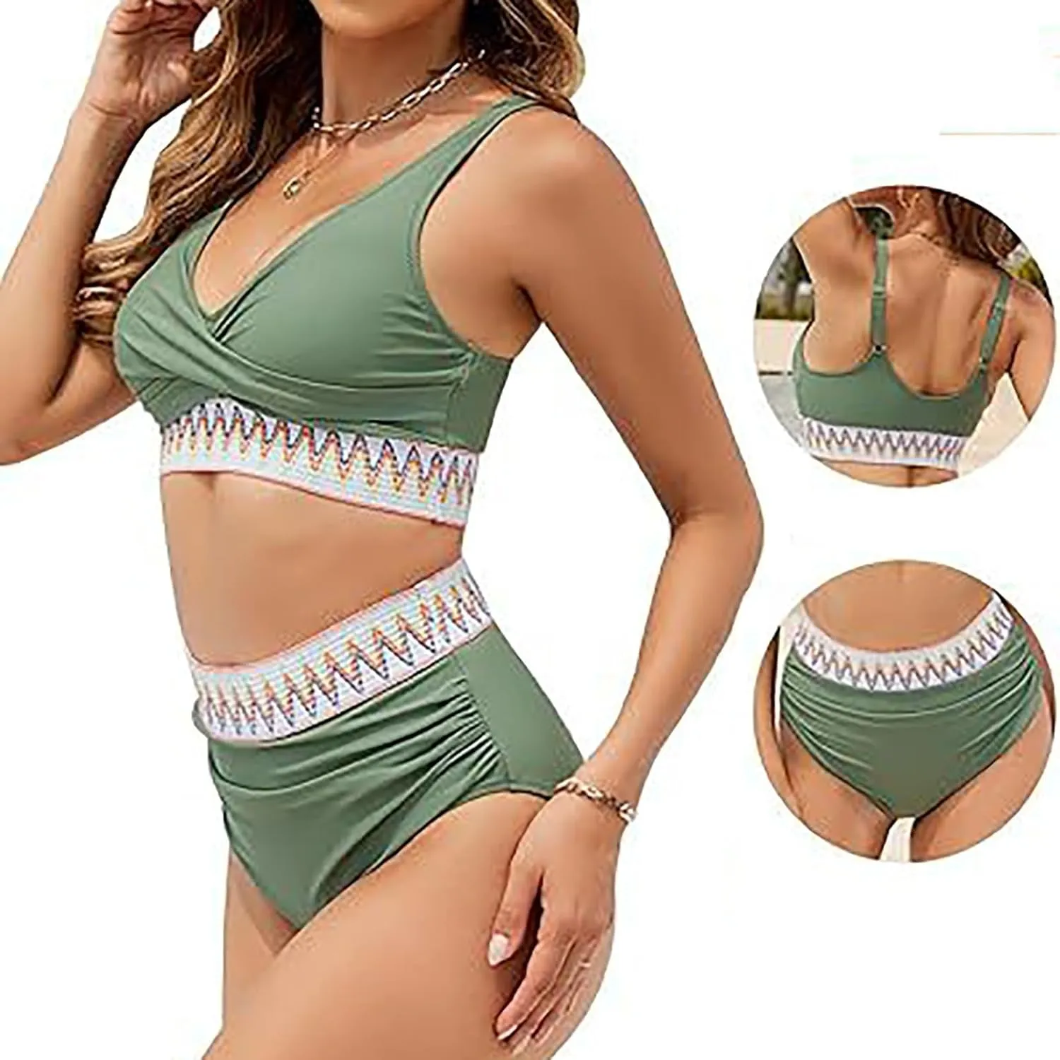 jsaierl Women Bikini Sets Front Twist Push Up Two Piece Swimsuits Color Block High Waisted Tummy Control Ruched Bathing Suits