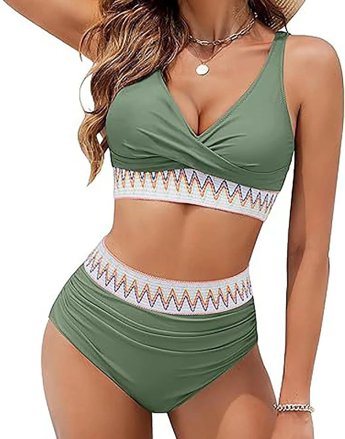 jsaierl Women Bikini Sets Front Twist Push Up Two Piece Swimsuits Color Block High Waisted Tummy Control Ruched Bathing Suits
