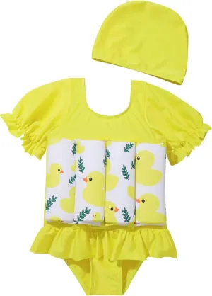 Kids Baby Girls Float Suit Duck Floatation Swimsuit with Adjustable Buoyancy Bathing Swimwear Toddler One Piece Swimming Suit Summer Swim Vest Jacket Ruffle Tutu Swim Dress Yellow Duck 3-4T