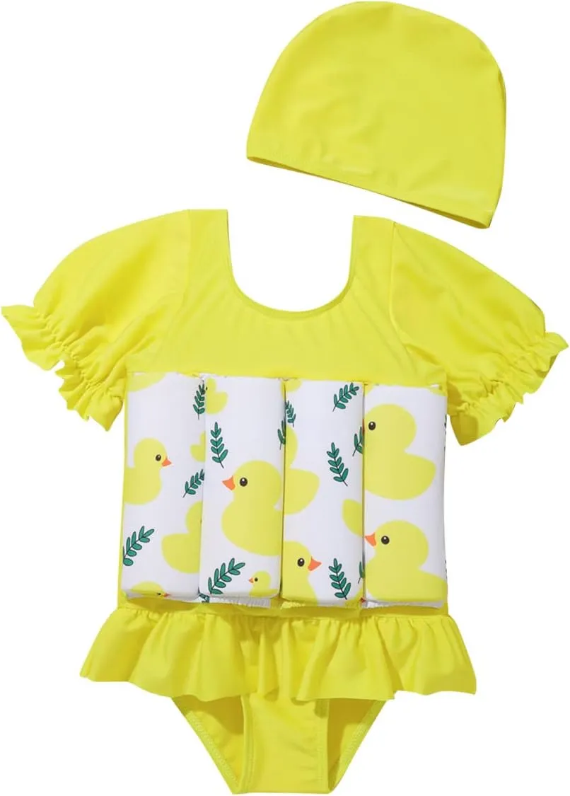 Kids Baby Girls Float Suit Duck Floatation Swimsuit with Adjustable Buoyancy Bathing Swimwear Toddler One Piece Swimming Suit Summer Swim Vest Jacket Ruffle Tutu Swim Dress Yellow Duck 3-4T