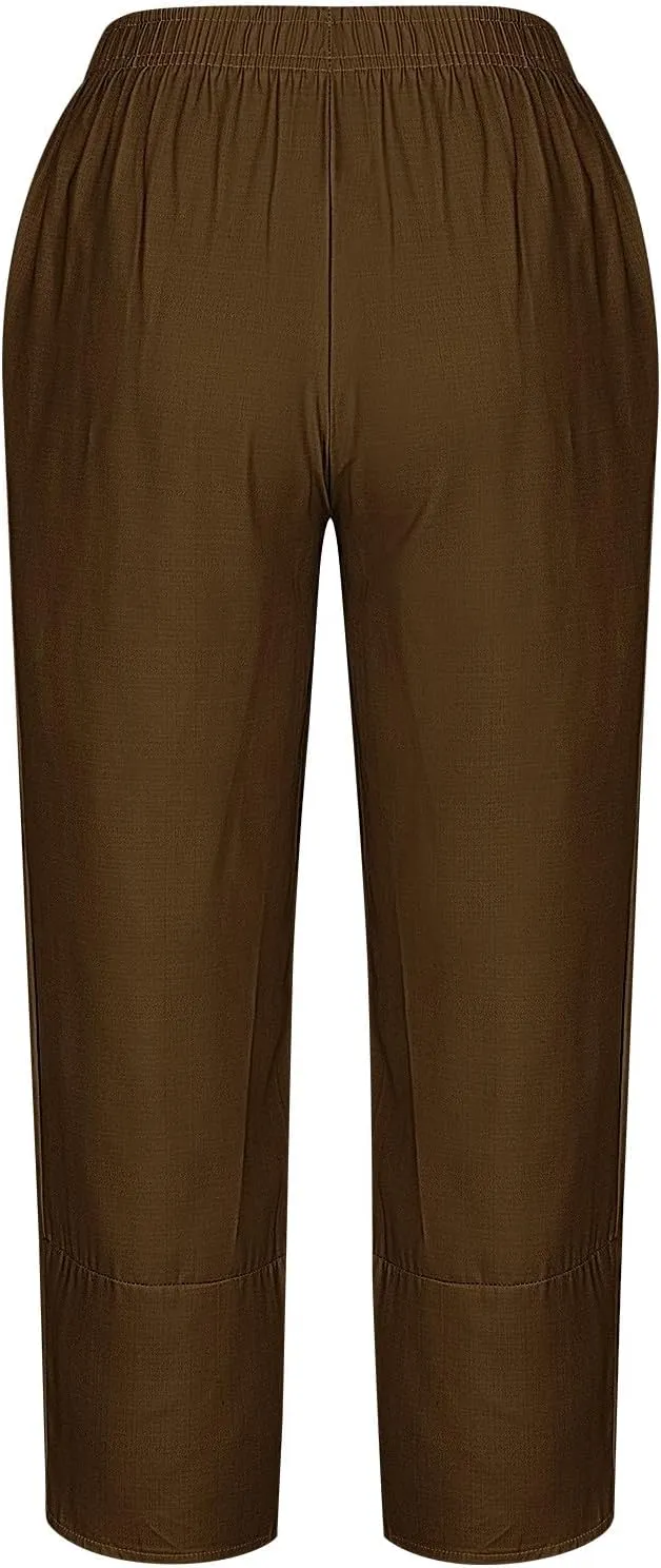Ladies Casual Harem Trousers Women Linen Cropped Pants Elastic Waist Trouser Straight Leg Chino Bottoms Cosy Jogging