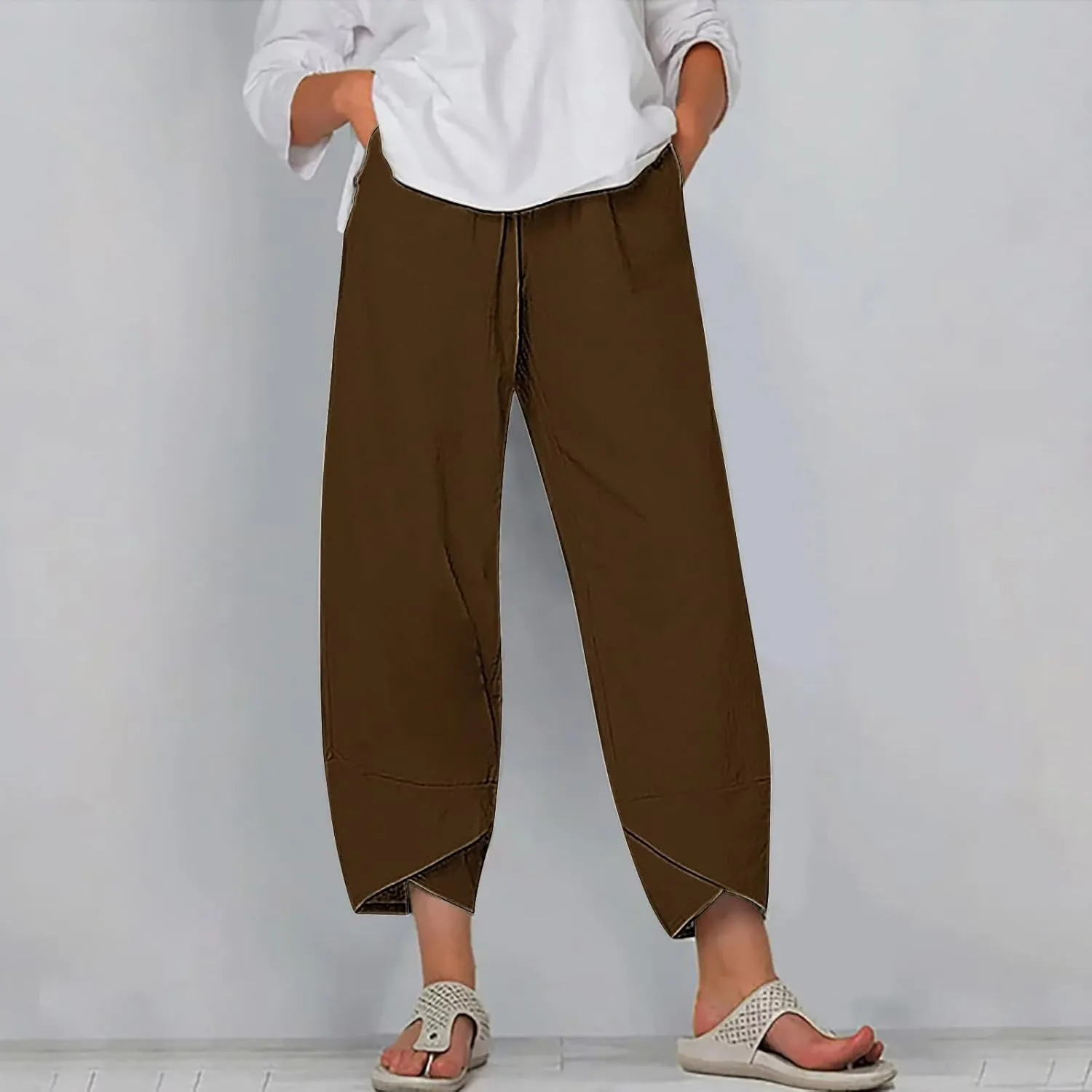Ladies Casual Harem Trousers Women Linen Cropped Pants Elastic Waist Trouser Straight Leg Chino Bottoms Cosy Jogging