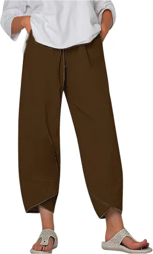 Ladies Casual Harem Trousers Women Linen Cropped Pants Elastic Waist Trouser Straight Leg Chino Bottoms Cosy Jogging
