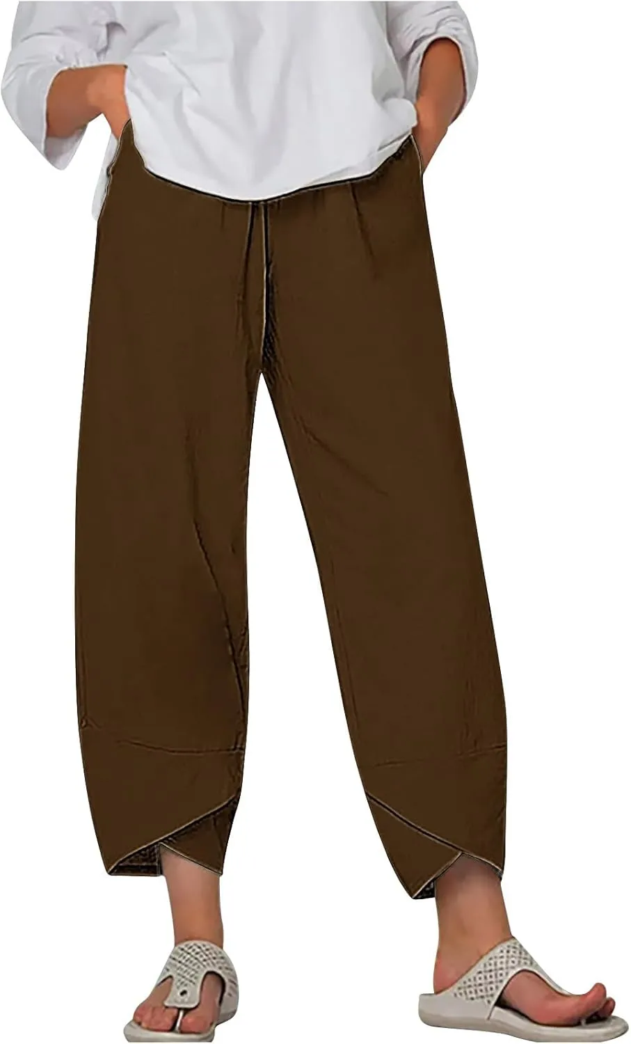 Ladies Casual Harem Trousers Women Linen Cropped Pants Elastic Waist Trouser Straight Leg Chino Bottoms Cosy Jogging