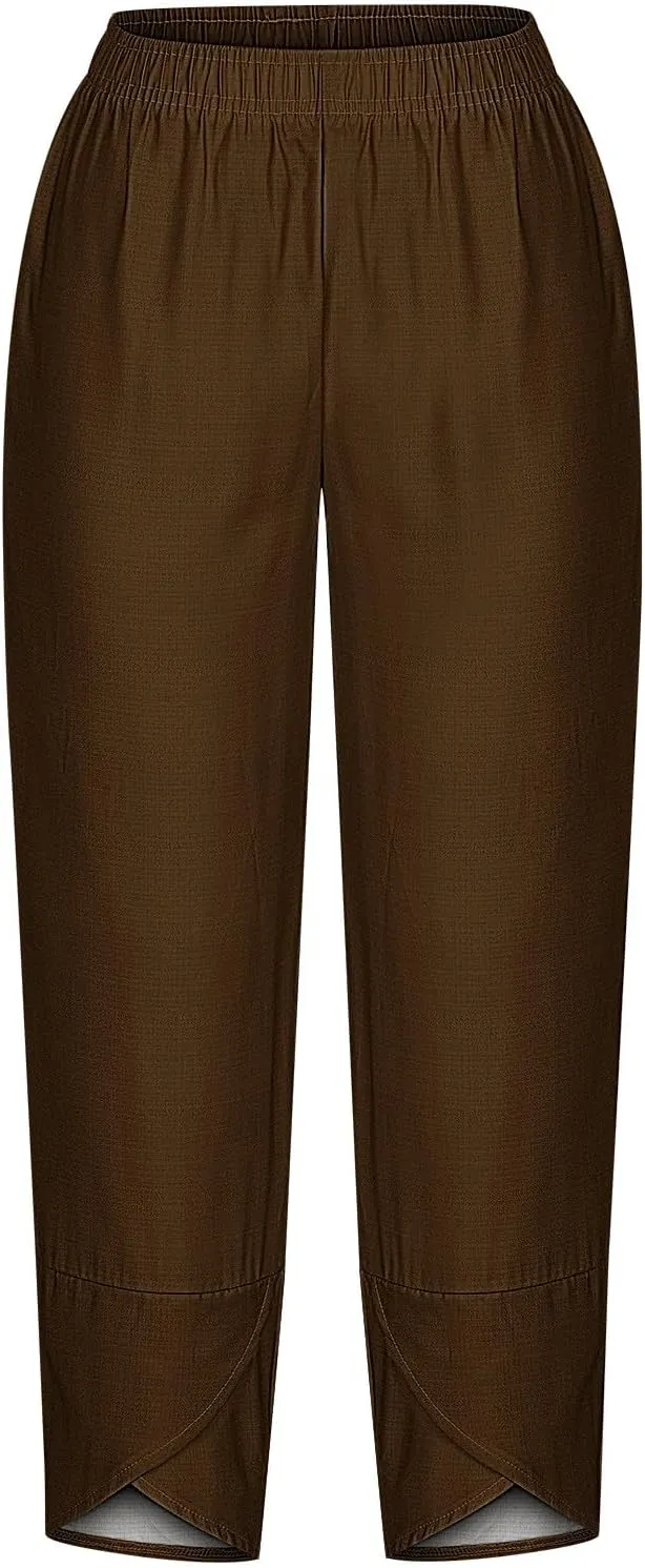 Ladies Casual Harem Trousers Women Linen Cropped Pants Elastic Waist Trouser Straight Leg Chino Bottoms Cosy Jogging